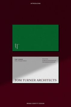 two business cards with the word tom turner architectures on them, in green and white