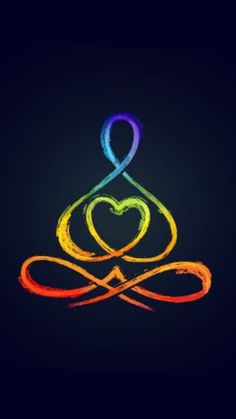 a colorful drawing of a heart in the shape of a yoga symbol on a black background