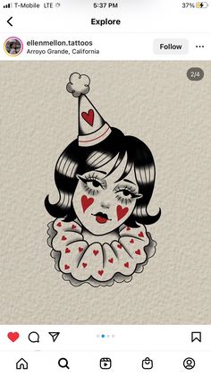 a drawing of a girl with hearts on her face and a party hat over her head