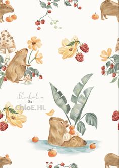 an animal themed wallpaper with flowers and leaves