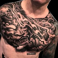 Fu Dog Chest Tattoo, Foo Dog Chest Tattoo, Koi Irezumi, Chest Neck Tattoo, Japanese Theater, Japanese Tattoo Artist, Full Chest Tattoos