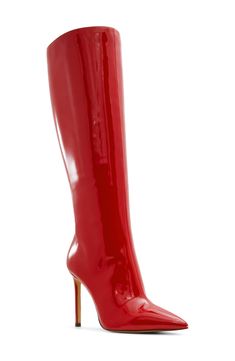 A pointy toe and stiletto heel balance a fierce boot fashioned in a knee-high silhouette for trendsetting appeal. 4" heel 14" shaft; 14 1/2" calf circumference Side zip closure with elastic gore inset Cushioned footbed Synthetic and textile upper and lining/rubber sole Imported Red High Heel Boots, Red Knee High Boots, Edgy Fits, Aldo Boots, High Heel Stiefel, Rollerball Perfume, Red Boots, Designer Clothes For Men, Women's Summer Fashion