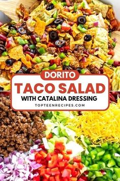 a bowl filled with taco salad and the title overlay reads, doritoo taco salad with catalina dressing