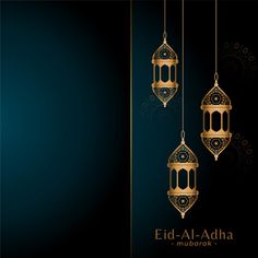 two golden lanterns hanging from strings against a dark background with ornate ornaments and the words eid al - adha mubarak written in arabic