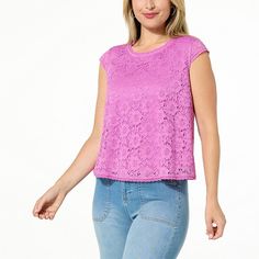 G by Giuliana Lace Knit Cap-Sleeve Top  Sophisticated yet romantic, this cap-sleeve top hits all the right notes with richly textured, sheer stretch lace and satin fabric lining. The everyday wardrobe must-have freshens up any warm-weather look. Fitted Knit Lace Top For Spring, Feminine Crew Neck Top For Spring, Casual Stretch Lace Top, Casual Pink Crochet Top For Fall, Pink Feminine Crochet Top For Spring, Pink Stretch Lace Top For Spring, Pink Short Sleeve Knit Top For Spring, Spring Knit Lace Top, Knit Lace Top For Spring