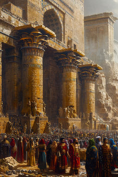 a painting of people standing in front of an ancient building