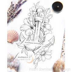 an anchor with flowers and seashells around it on a white background, surrounded by sea shells