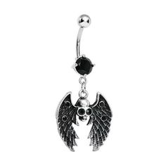 a black and silver belly ring with an angel wing hanging from it's side