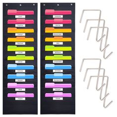 two rows of colored paper clips next to each other on a black board with white pegs