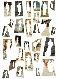 collages of people standing and walking on the beach