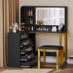 a black and gold makeup vanity with mirror, stool and shelves filled with personal care items