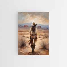 a painting of a cowboy in the desert