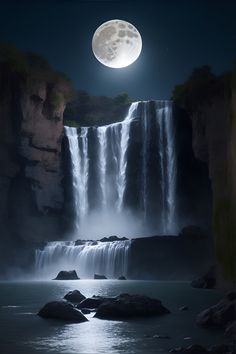 the full moon is setting over a waterfall with water cascading down it's sides