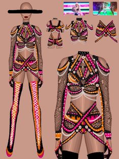 an image of a woman's costume with different colors and patterns on the body