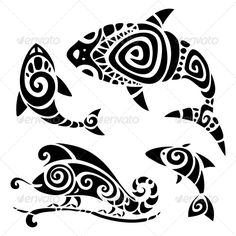 three fish silhouettes in black and white - tattoos decorative objects, art nouveau style