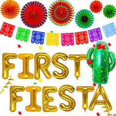 the words first fiesta are surrounded by balloons and paper fan garlands on a white background