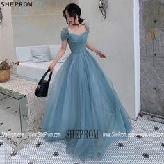 Half Sleeve Prom Dress, Dusty Blue Tulle Dress, Prom Dresses Sleeves Modest, Modest Prom Dresses Christian, Flowy Prom Dresses With Sleeves, Blue Tulle Dress Long, Modest Blue Prom Dresses, Prom Dress Puffy Sleeves, Mormon Prom Dresses