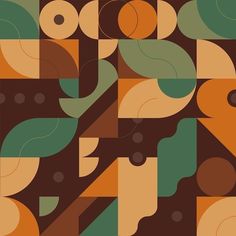 an abstract pattern with circles and leaves on brown, green, yellow and orange colors