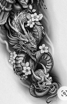 a black and white photo of a dragon with flowers on it's back shoulder