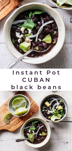 two bowls filled with black beans and topped with avocado, cilantro