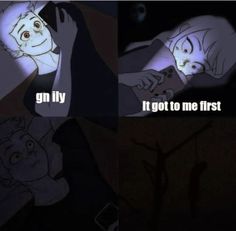 two cartoon images with the caption'it got to me first'and an image of a person lying in bed