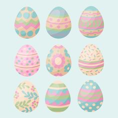 easter eggs with different patterns and designs are shown in pastel colors on a light blue background