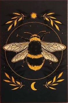 a painting of a bee on a black background with gold leaves and the moon above it