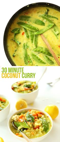 this is a collage of photos with different foods in it and the words 30 minute coconut curry