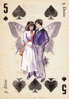 a couple standing next to each other in front of a butterfly on a playing card