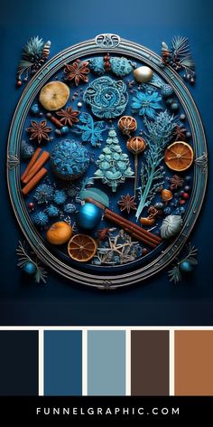 a blue and brown color scheme with an assortment of items in the center, including oranges