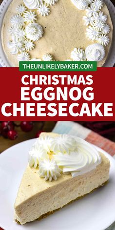 a slice of christmas eggnog cheesecake on a plate