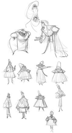 several sketches of people dressed in costumes