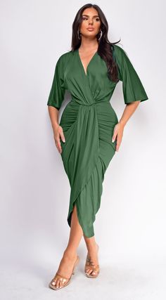 Midi length dress Front drape detail V neckline 90% Polyester, 10% Spandex (Stretchy) Model's height: 5'6" Model is wearing size S Middie Dress, Warm Kitchen, Green Midi Dress, Neck Lace, Midi Length Dress, Bandage Dress, Hunter Green, High Neckline, Xl Dress