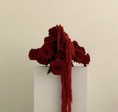 a bouquet of red roses sitting on top of a white box with string wrapped around it