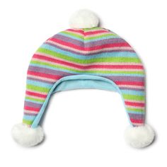 This hat is the perfect way to customize your stocking. Pair it with the matching scarf for the snow lovers in your life! Pull the Stocking Hanging Ribbon through the Hole in the Hat Pink, Purple, Green and Blue Stripes with White Pom-Poms Dimensions: 8" W x 9" H Weight: 1 oz Adjustable Acrylic Winter Hat, Playful Hats For Cold Weather, Cute Winter Hats For Cold Weather, Playful Winter Bonnet Cap, Whimsical Adjustable Winter Bonnet, Whimsical Winter Bonnet With Adjustable Fit, Playful Blue Winter Beanie, Fun Adjustable Hats For Cold Weather, Whimsical Winter Hats Adjustable Fit