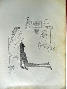 a drawing of a man sitting in a chair looking at a dog laying on the floor