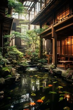 Traditional Japanese House with an Indoor Pond and Skywell Traditional Japanese House Exterior, Japanese House Architecture, Japanese House Exterior, Japanese Restaurant Design, Indoor Courtyard, Japanese Garden Landscape