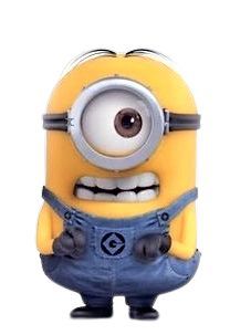 a yellow minion with big eyes and blue overalls standing in front of a white background