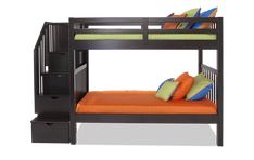 a bunk bed with drawers underneath it and an orange pillow on the bottom shelf below