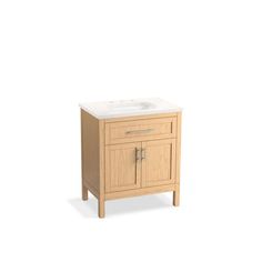 a bathroom vanity with a white sink and wood cabinetry on the side, against a white background