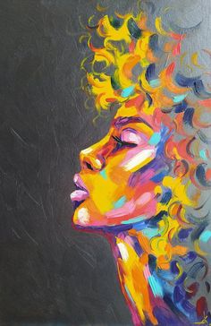 a painting of a woman's face with colorful hair