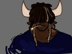 a drawing of a man with dreadlocks and a bull's head on his forehead