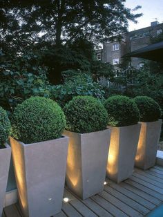 three large planters with lights on the sides of them