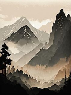 a mountain landscape with trees and mountains in the background, painted in black and white