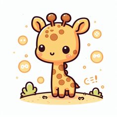 a cartoon giraffe sitting on the ground with bubbles around it's neck