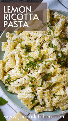 lemon ricotta pasta in a white bowl