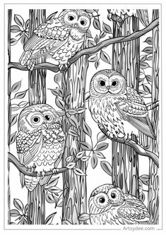 an adult coloring book with three owls sitting on the tree branches in front of them