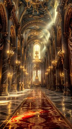 the interior of a large cathedral with chandeliers and lights shining down on the floor