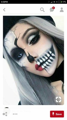 a woman with grey hair and makeup is posing for the camera while wearing skeleton makeup