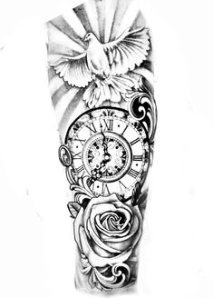 an arm tattoo with a clock, roses and a dove on it's side